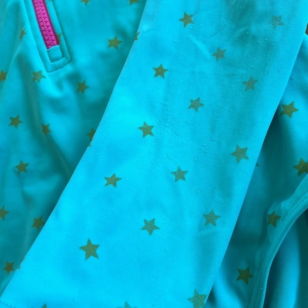 Mini Boden teal gold Star zip front long sleeve one piece rash guard swim suit
